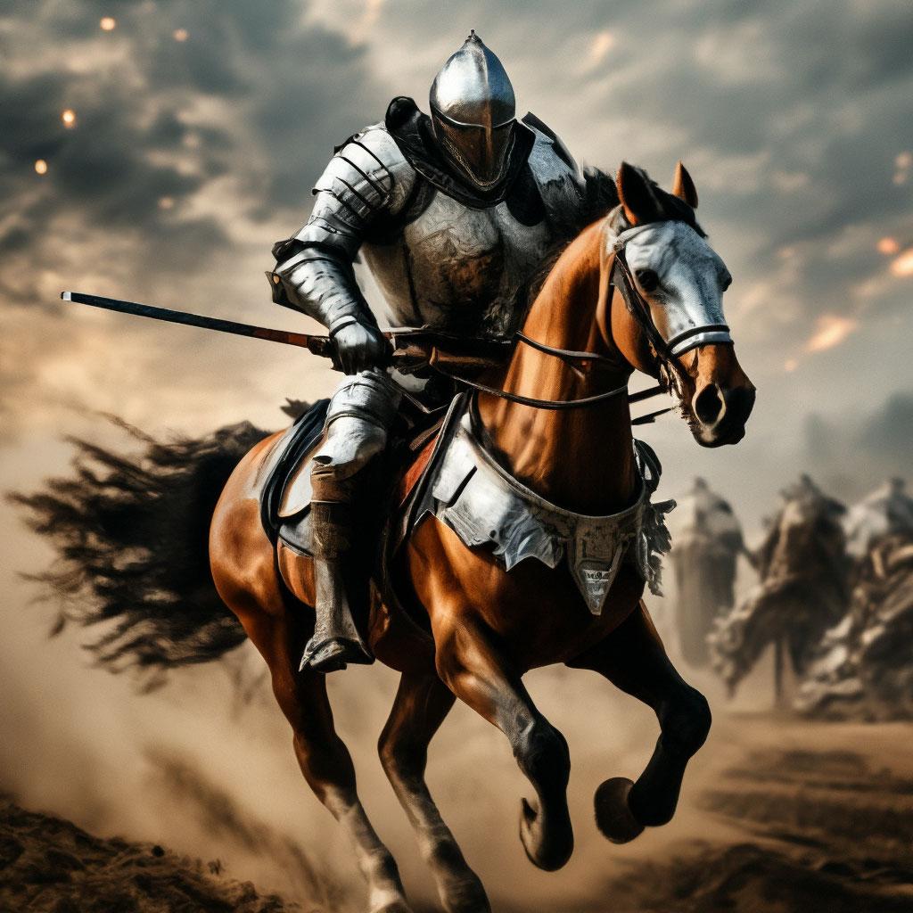 "A horse in armor riding a knight gallops across the field" — image ...