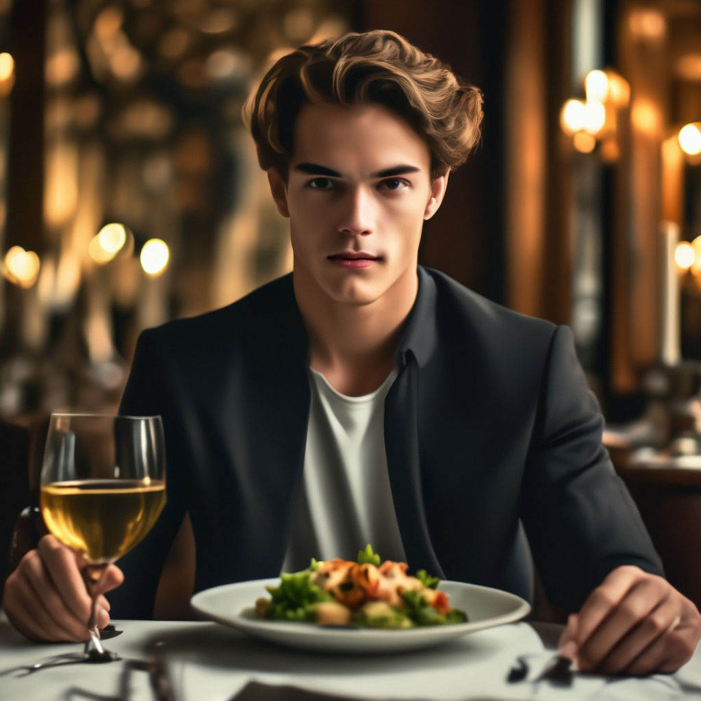 "A young man at dinner, handsome" — image created in Shedevrum