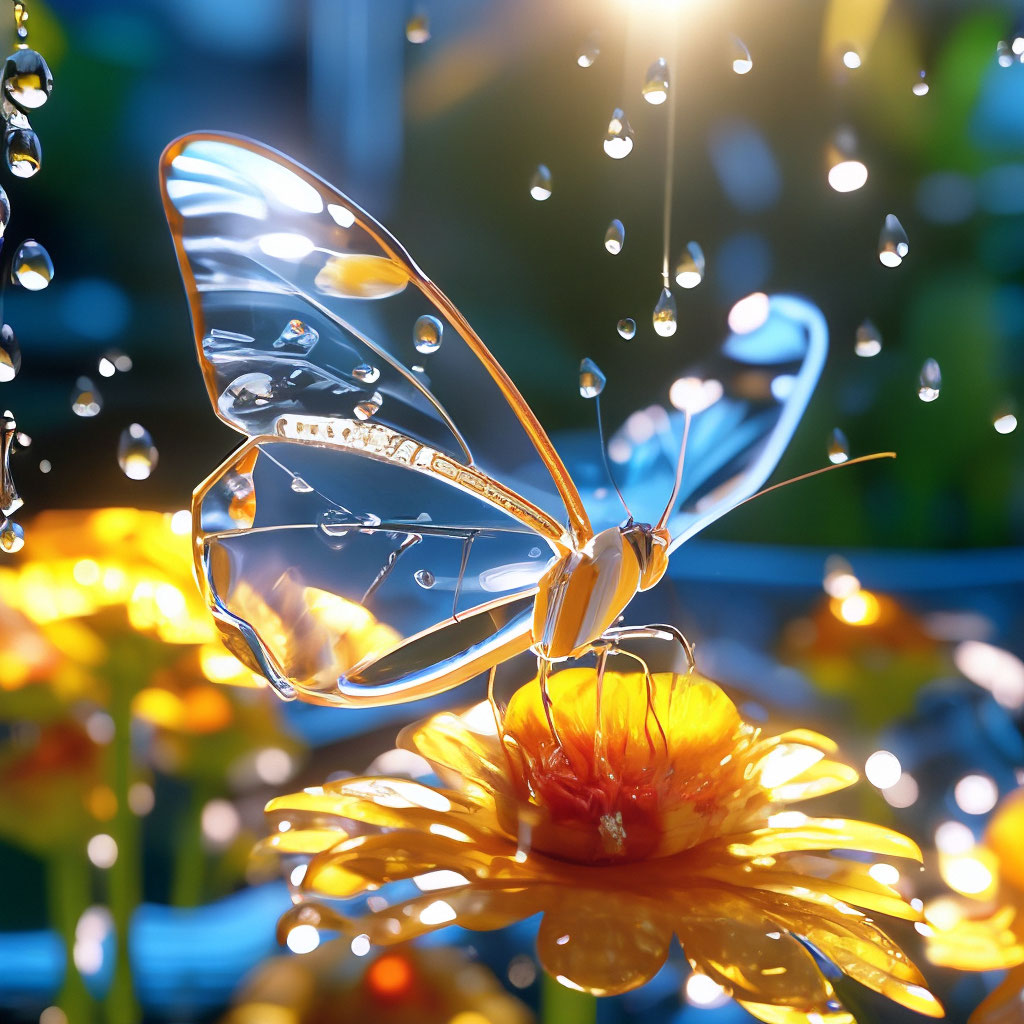"A mirror-transparent glass butterfly sits on a flower, wings are fused ...