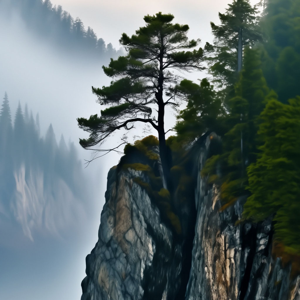 "The nature of Siberia. A pine tree in the fog on a cliff. pine, steep ...