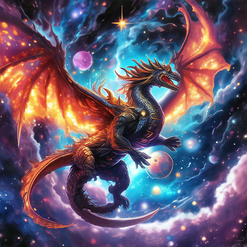 "A dragon in space, flying into a black hole made of bright, beautiful ...