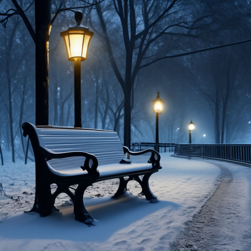 "A moonlit night in winter in the park on a bench under an ancient ...