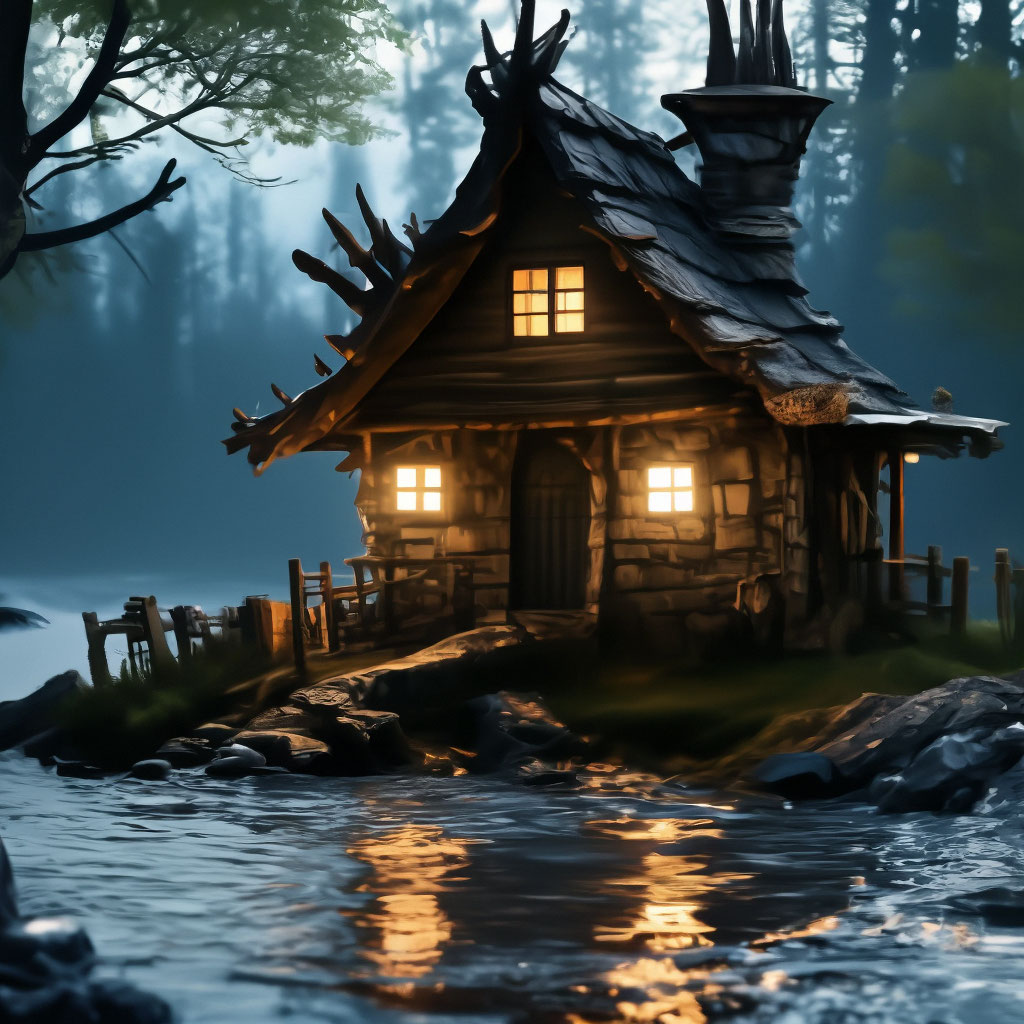 "The old oblique house of an old witch on the riverbank near the forest ...