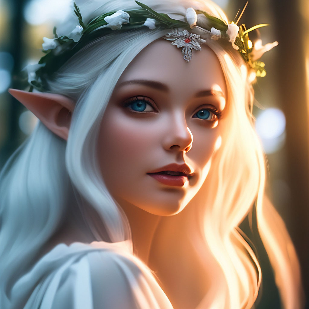 "Elf in a white dress and white hair, beautiful, high detail, soft ...