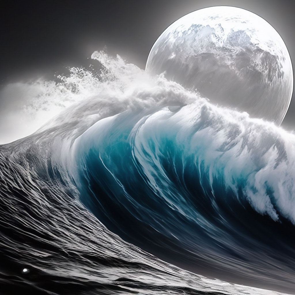 "Beautiful bright white moon, movement of a huge wave with a bend ...