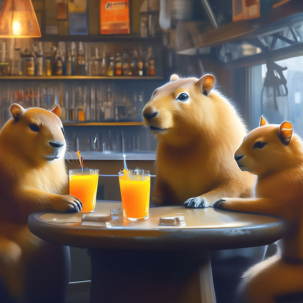 capybara-talks-to-cats-in-a-bar-and-drinks-orange-juice-image
