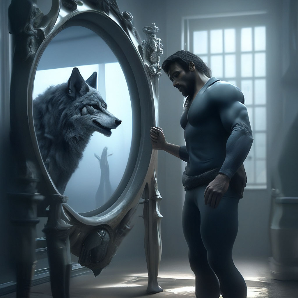 "Werewolf wolf looks in the mirror, sees a man there. double exposure ...