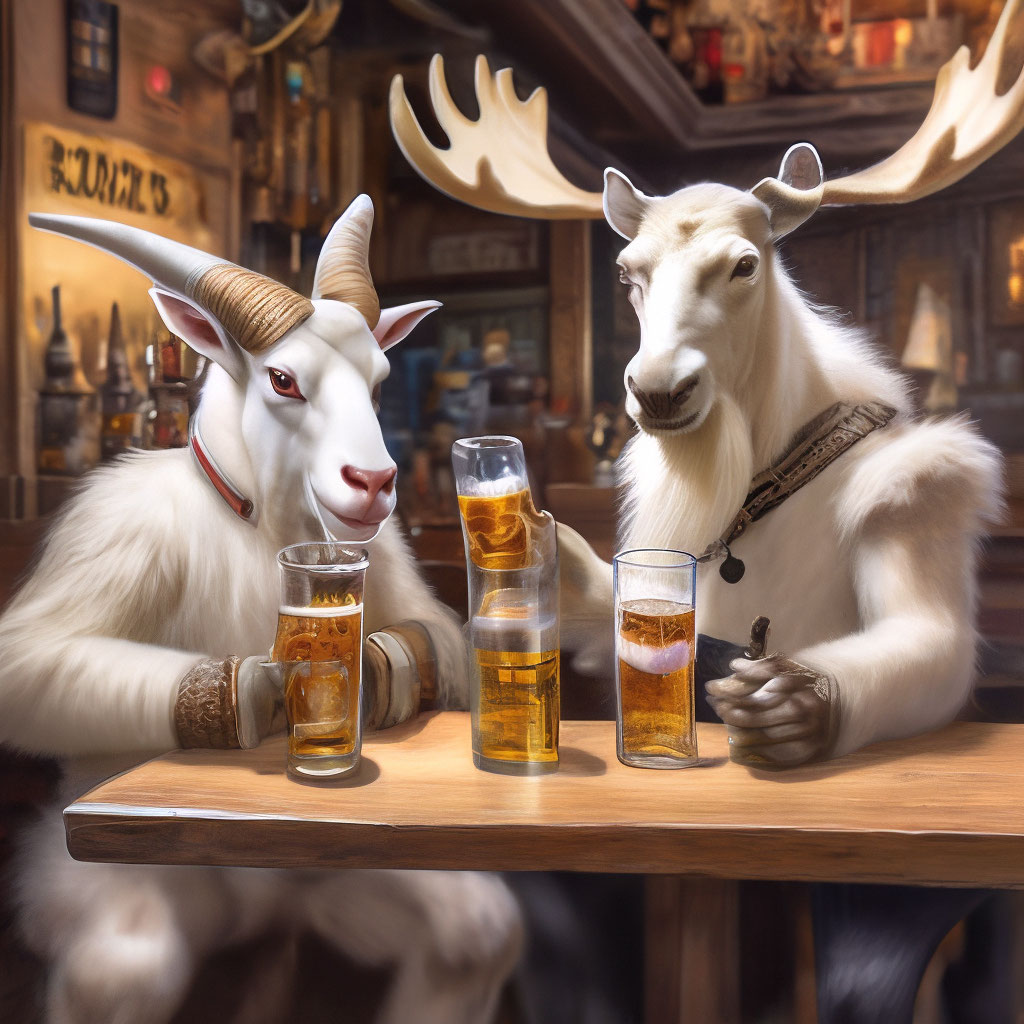 "It's been messed up a white goat and a moose drink beer at a table in ...