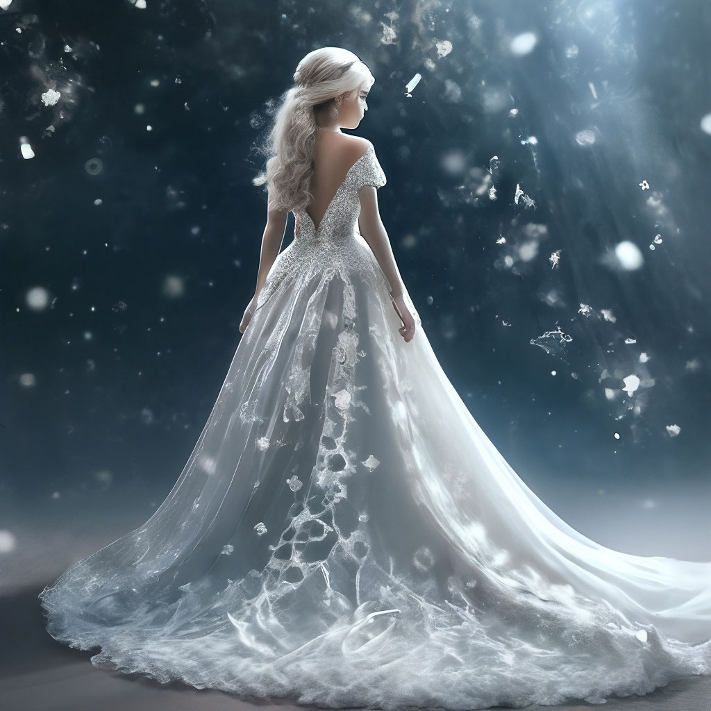 "A girl in a long white dress made of snowflakes, exquisite lace ...