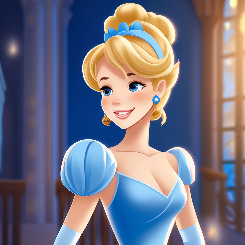 Cartoon style, princess cinderella, lush blue dress, hairstyle with a bun  with temples with a blue rim on her head"  image created in Shedevrum