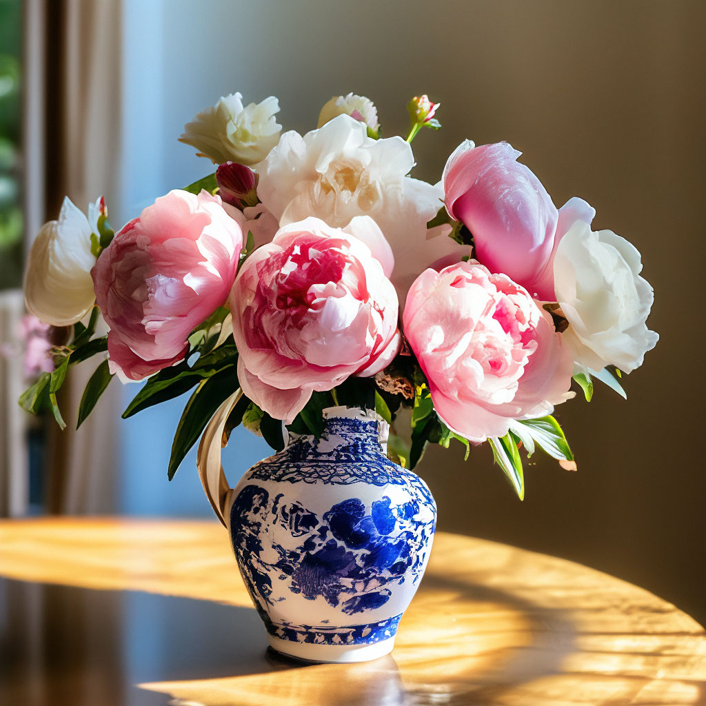 "A bouquet of white and pink peonies in a porcelain vase with floral ...