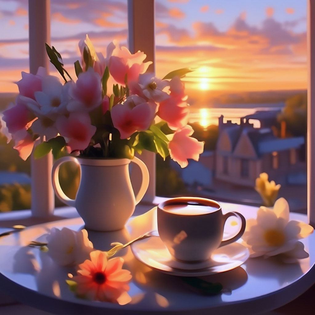 Доброе утро! Кофе и цветы