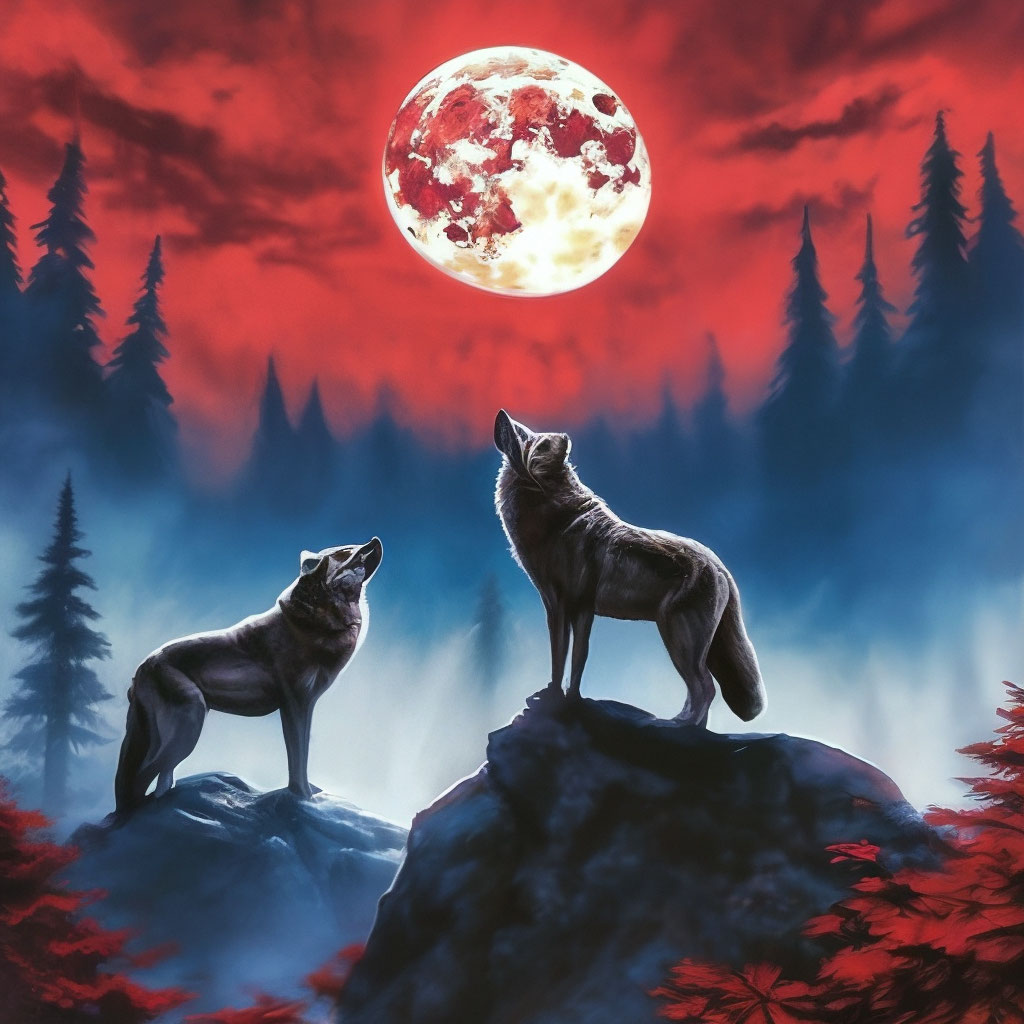 Red And Full Moon Wolves