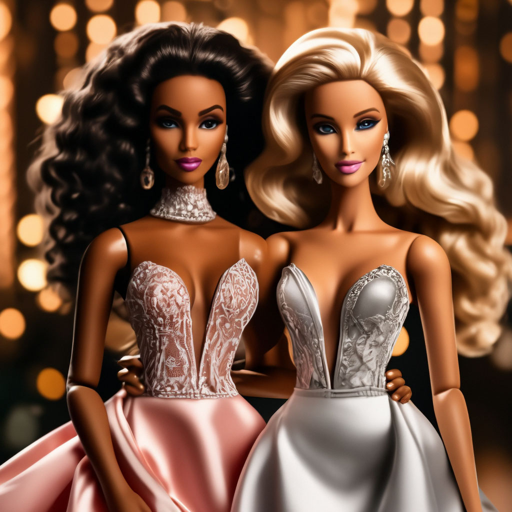 Black Barbie Brooklyn and white classic Barbie Malibu in evening dresses at  "  image created in Shedevrum