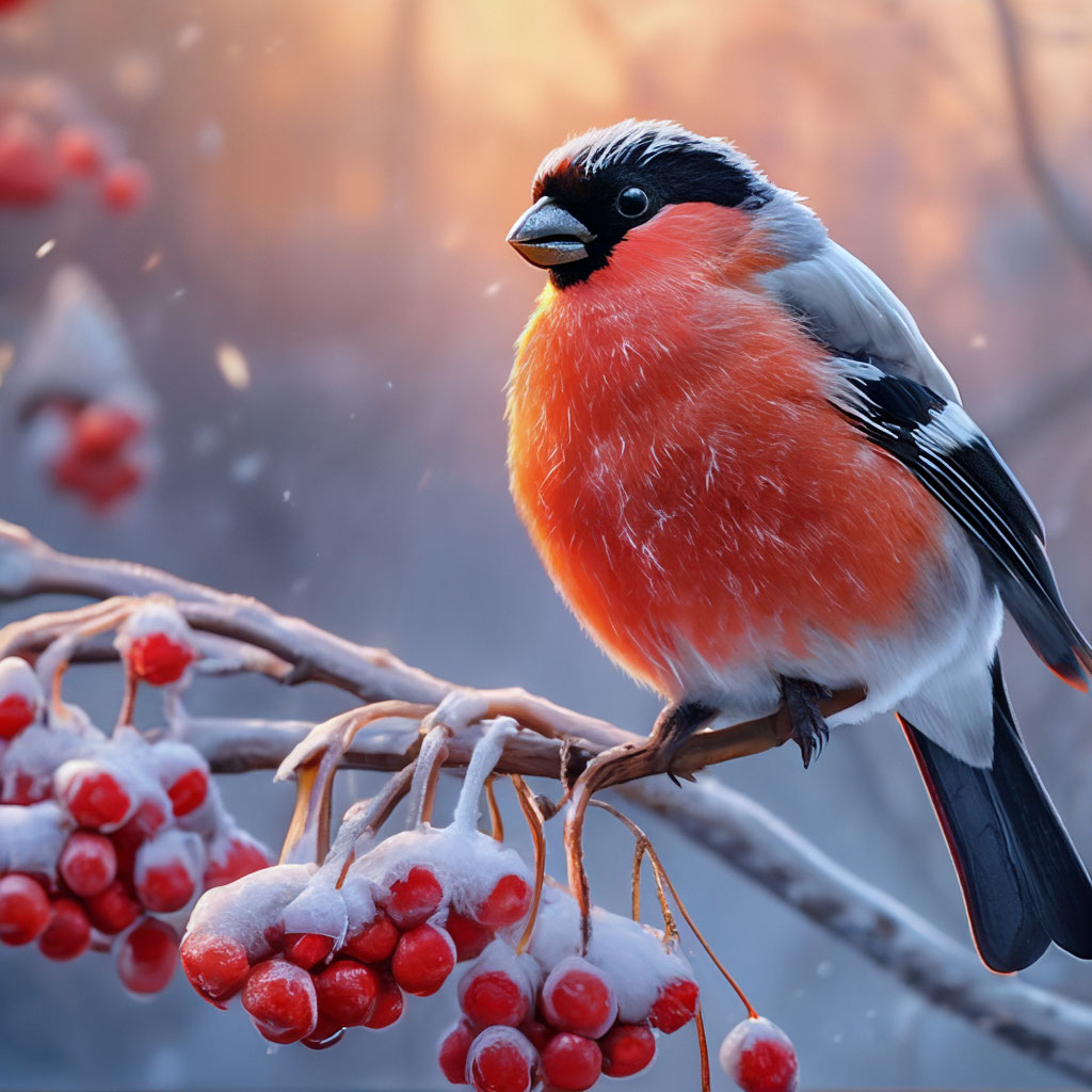 Птица снегирь сидит на ветках рябины