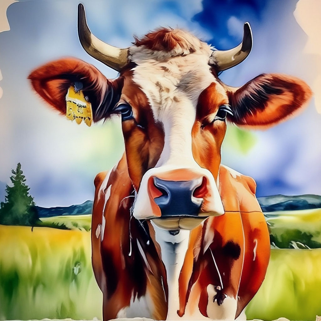 Корова пейзаж акварель лето» — создано в Шедевруме