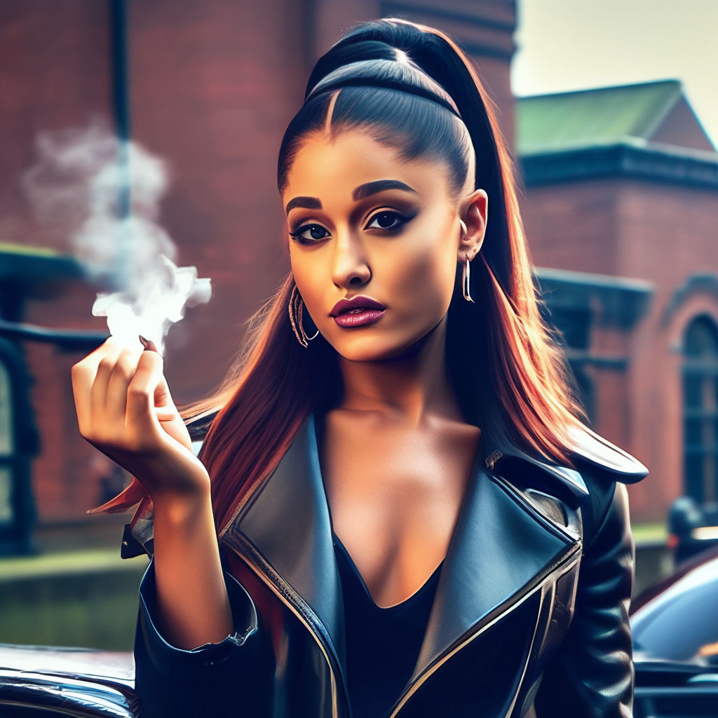 Ariana Grande smokes, showing the middle finger, in the style of Peaky  Blinders, TV series