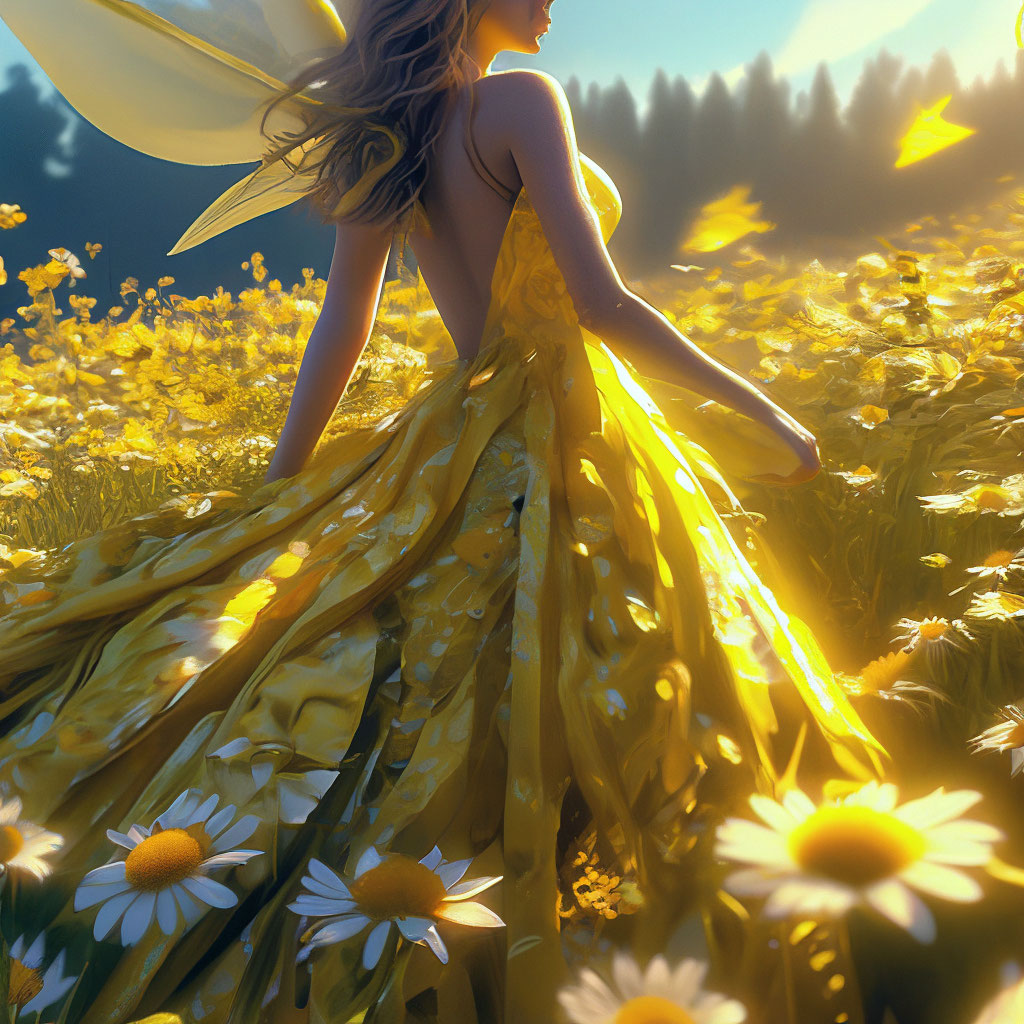 Fairy in a long yellow dress, among daisies in a field, close-up,  photorealism, fantasy, 4k, high resolution, ISO"  image created in  Shedevrum
