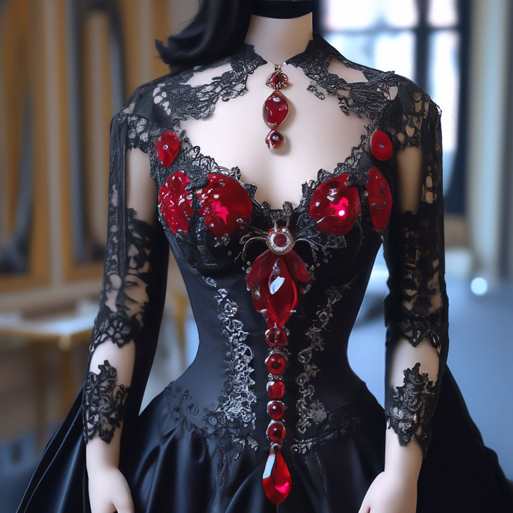 Gothic black dress with a corset embroidered with rubies, on a beautiful  girl, long hem of the dress, jewelry, lace"  image created in Shedevrum