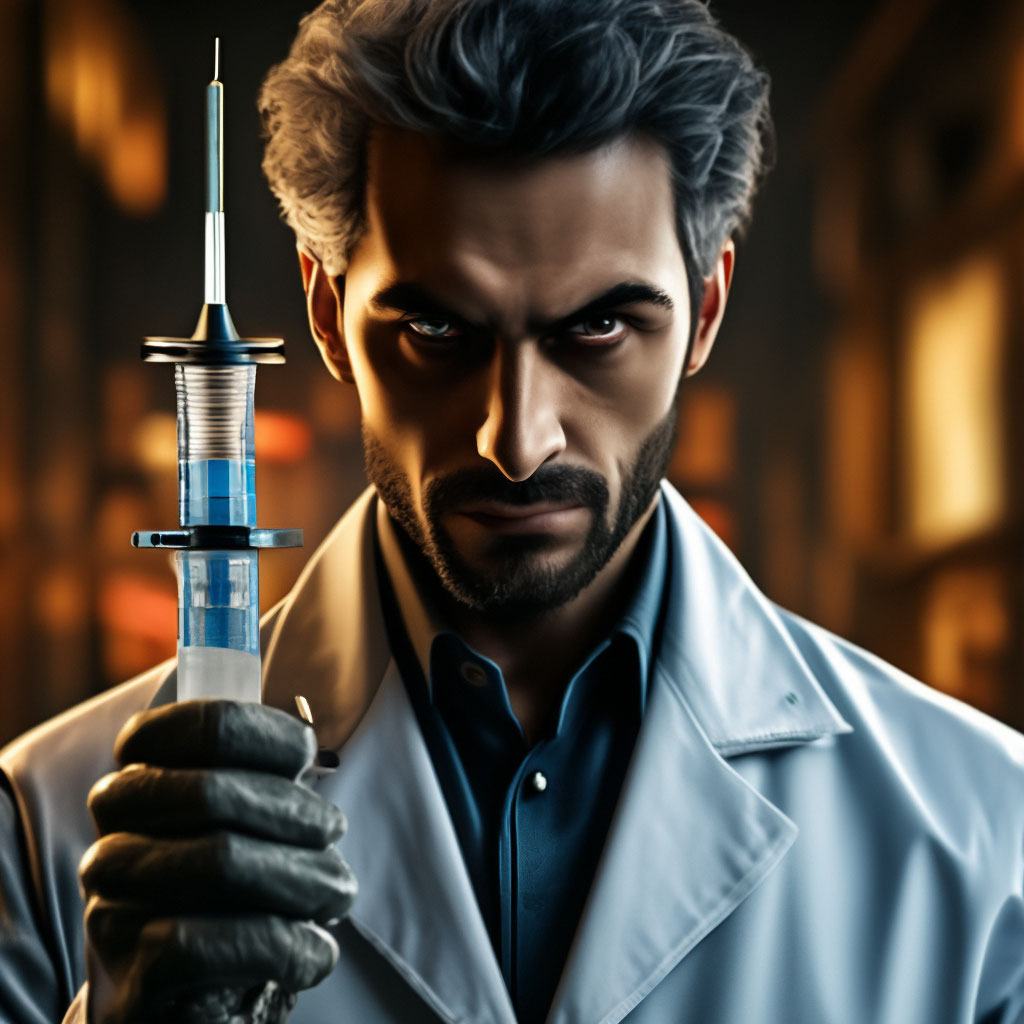 The evil doctor, a syringe in …