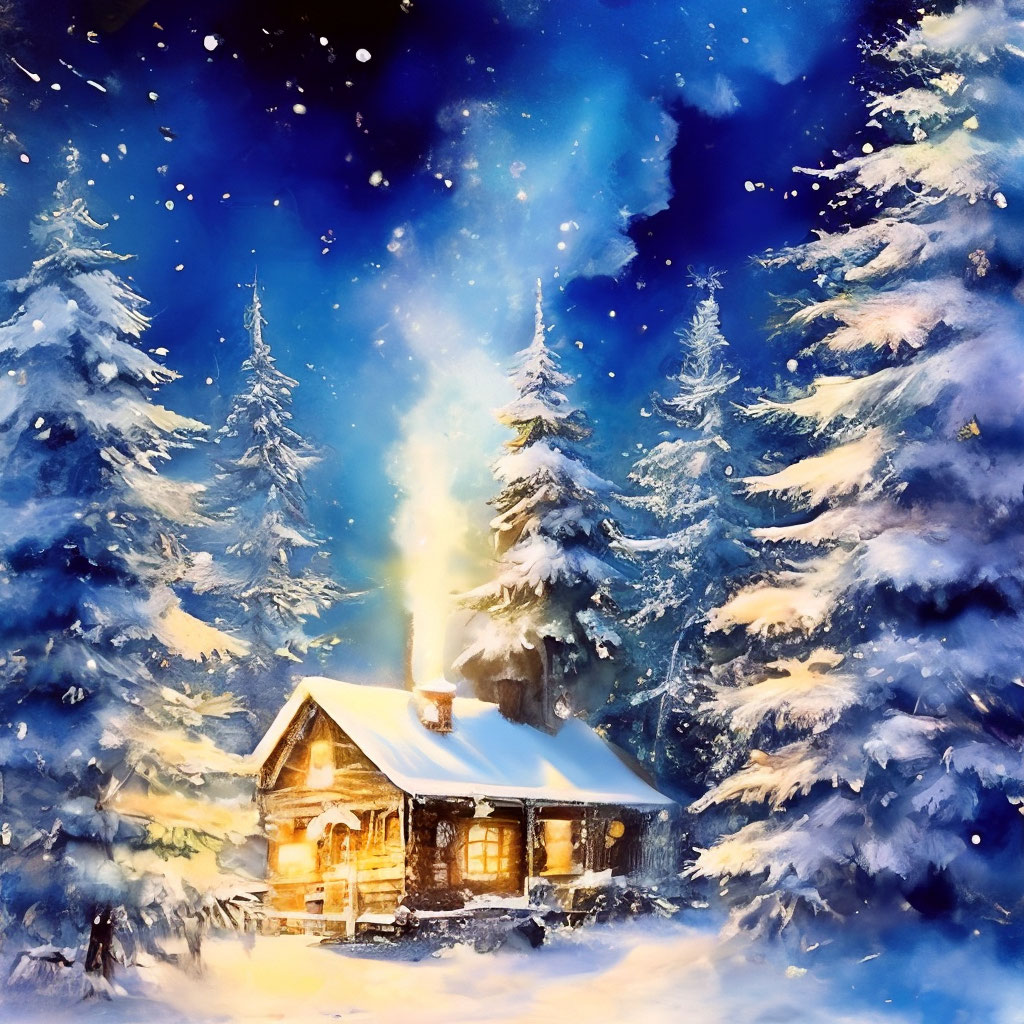 Рождественская - новогодняя открытка, зимний пейзаж на жёлтом фоне, акварель, белый акрил и гуашь