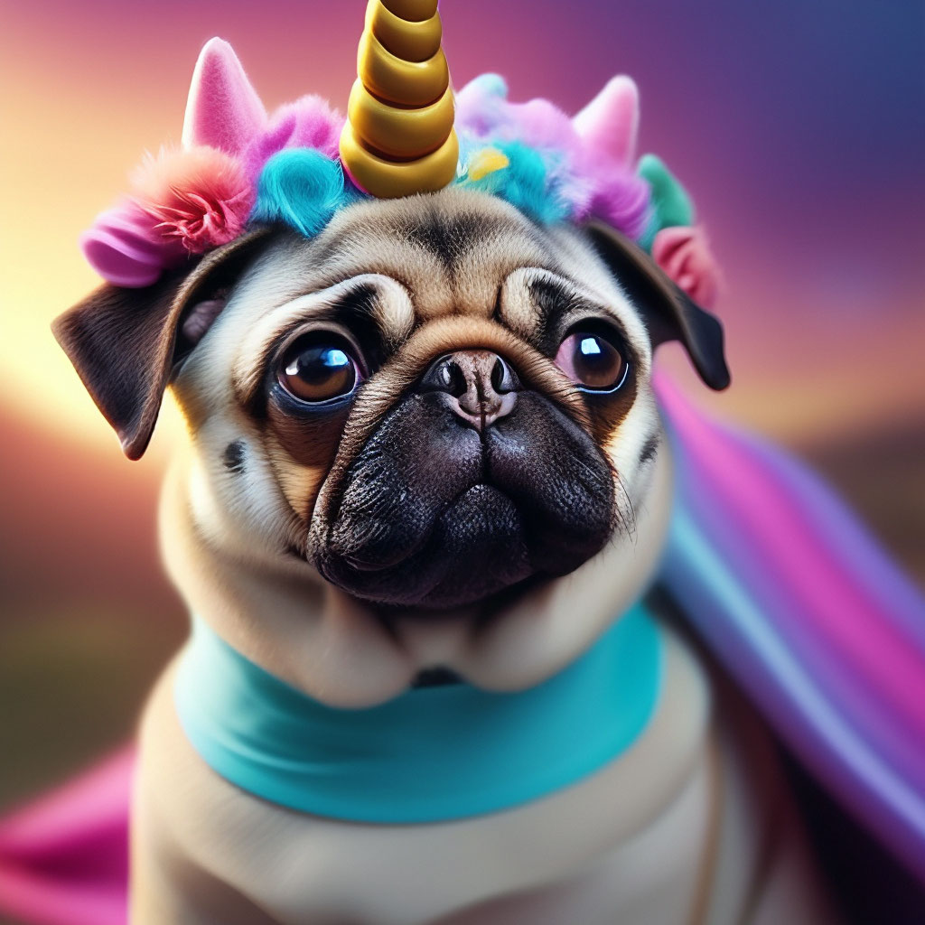 Pug in a unicorn costume image created in Shedevrum