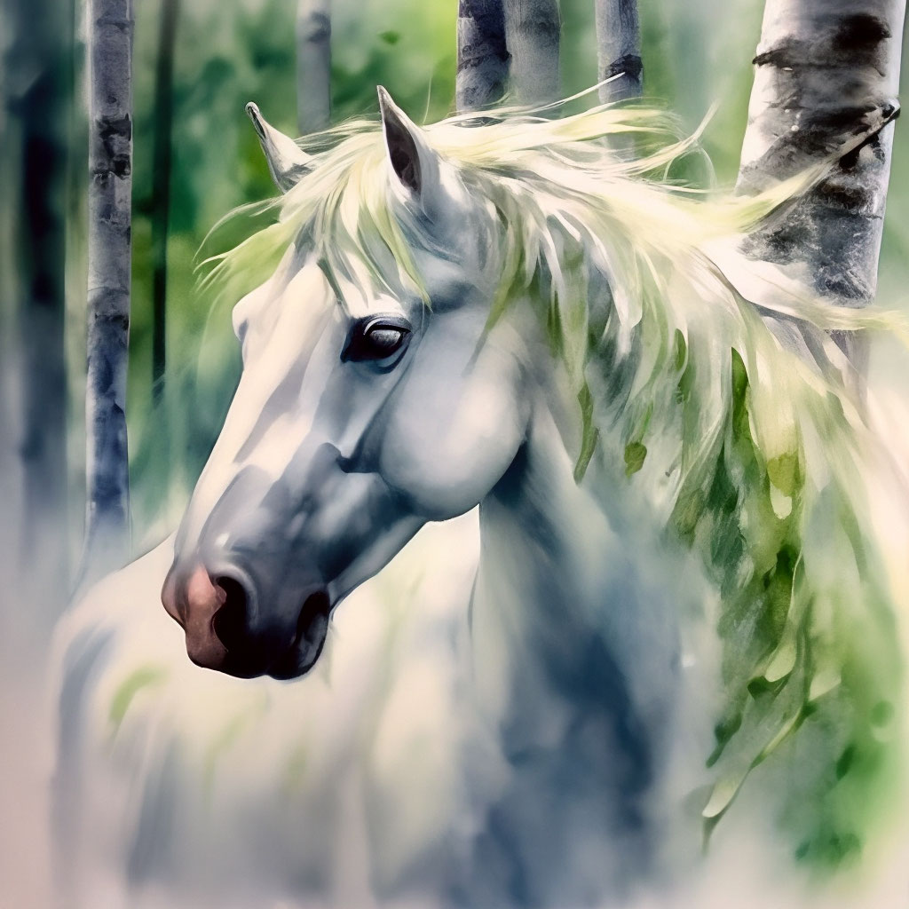 Белая дикая лошадь в березовом лесу…» — создано в Шедевруме