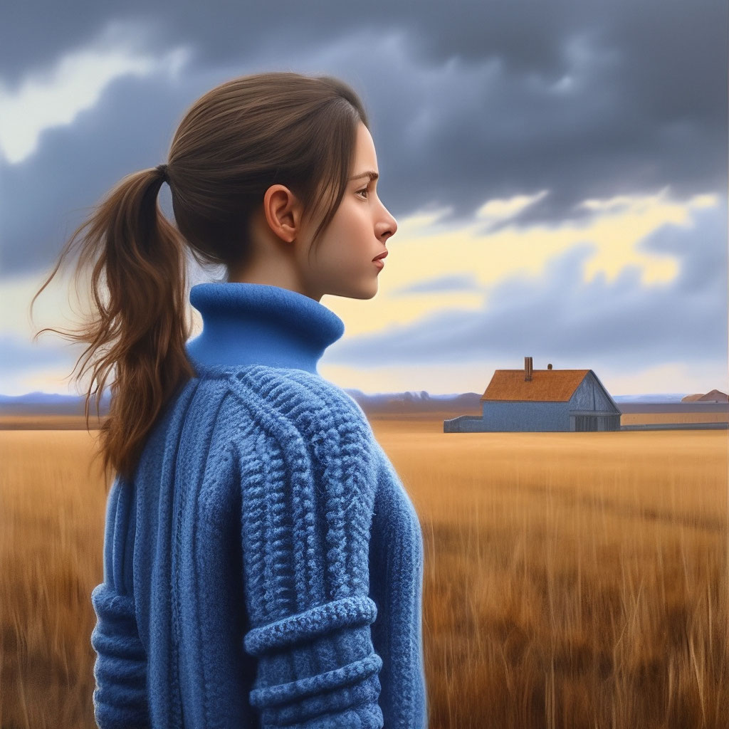Изображение девушки в поле, стоящем вдалеке с распростертыми руками
