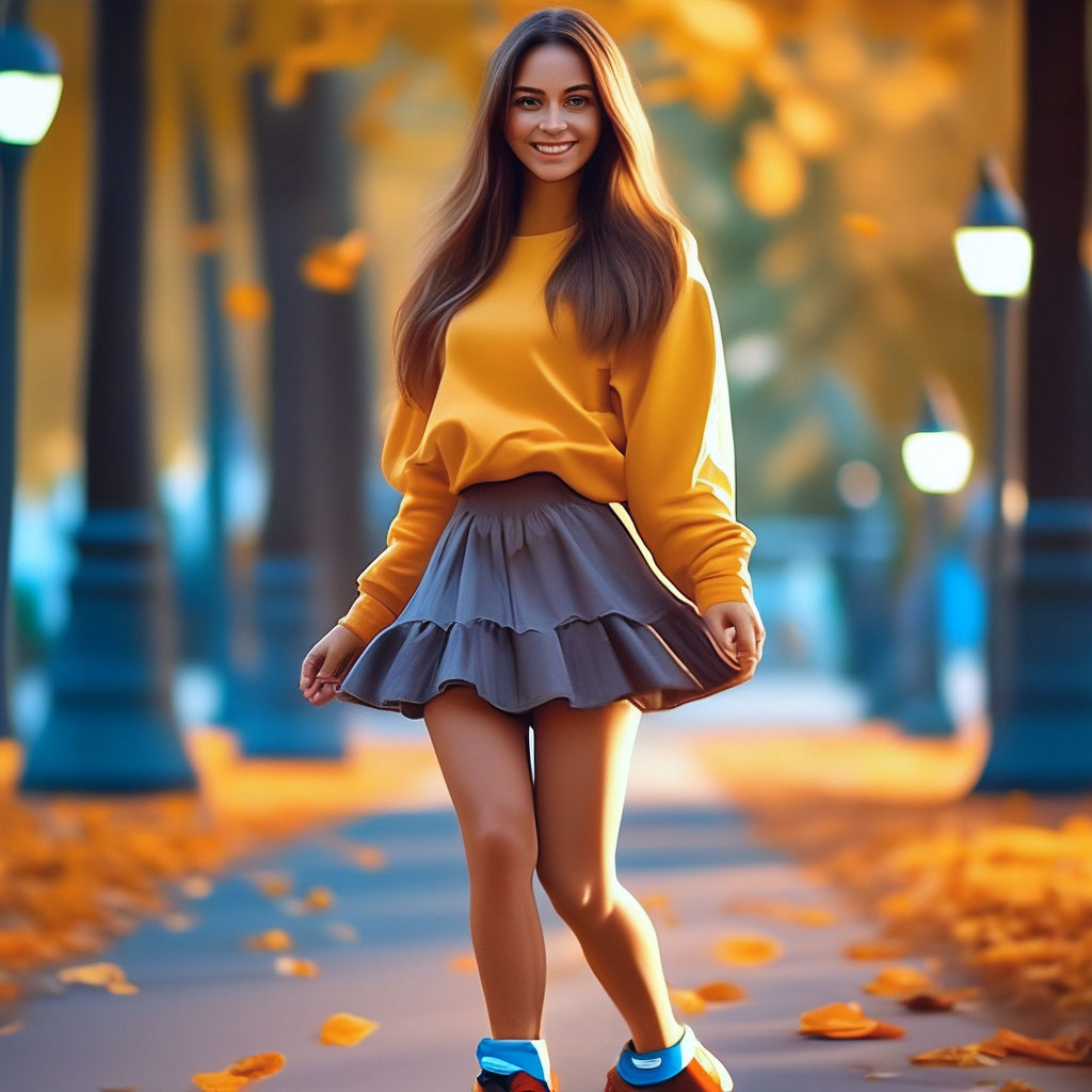 Девушка в юбке и свитере стоит рядом с деревом в парке | Премиум Фото