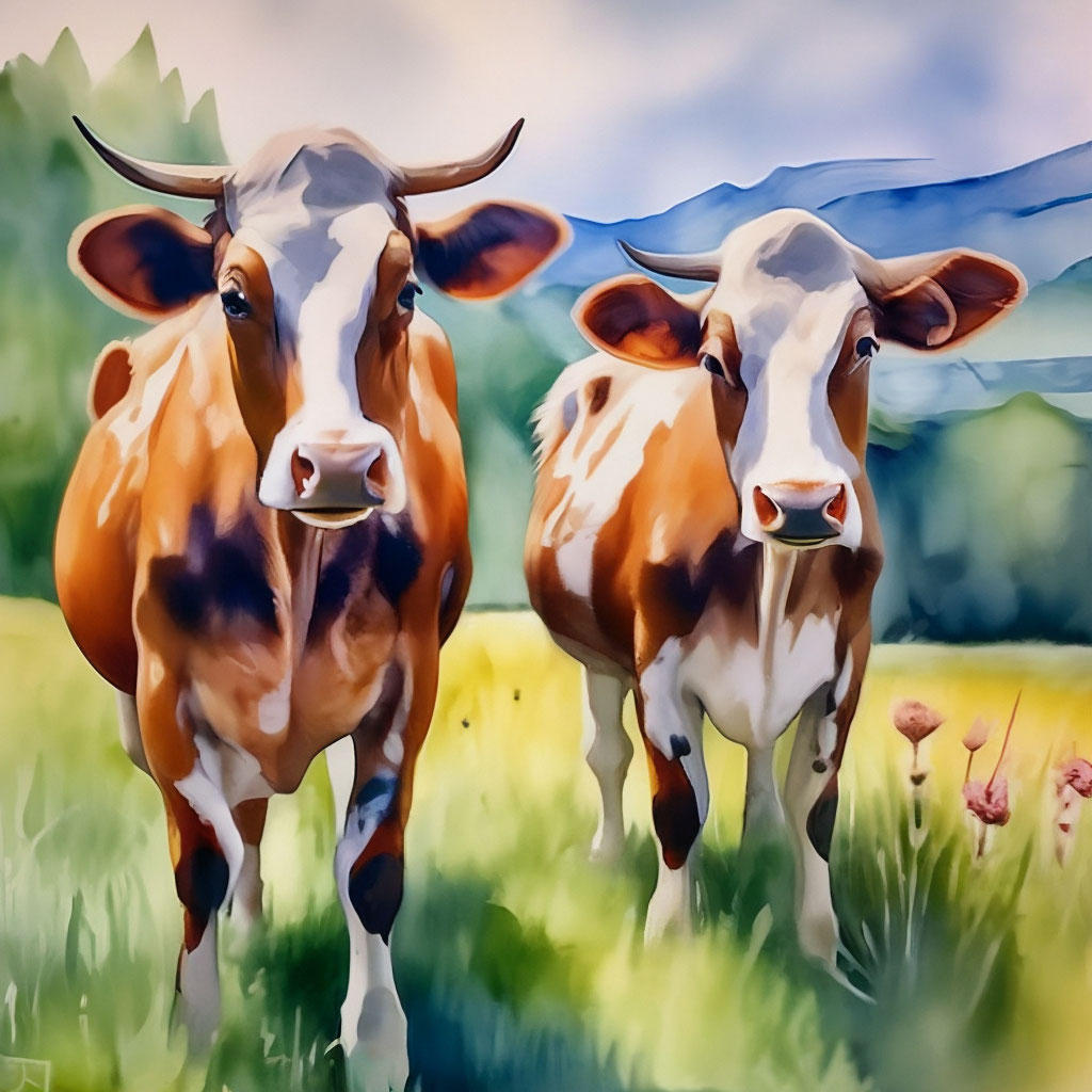 Две коровы на лугу, Реалистично, …» — создано в Шедевруме