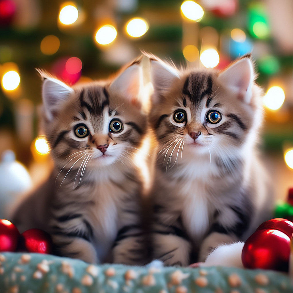 Два котенка и новогодняя елка» — создано в Шедевруме