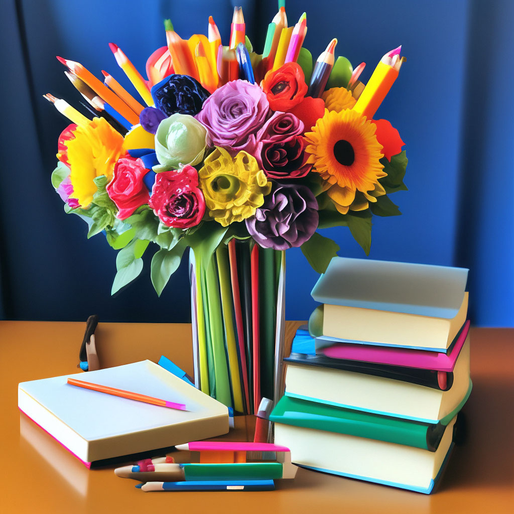 Букет учителю из цветов и карандашей