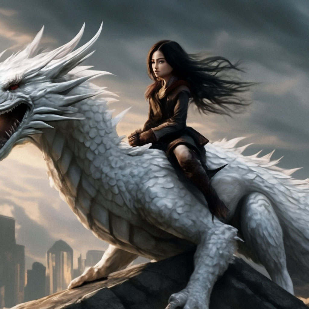 Anime girl riding a white dragon