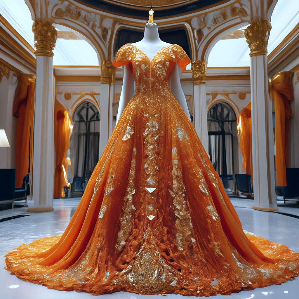Beautiful orange puffy dress on a mannequin, standing in the middle of the  hall of the fashion house, embroidered "  image created in Shedevrum