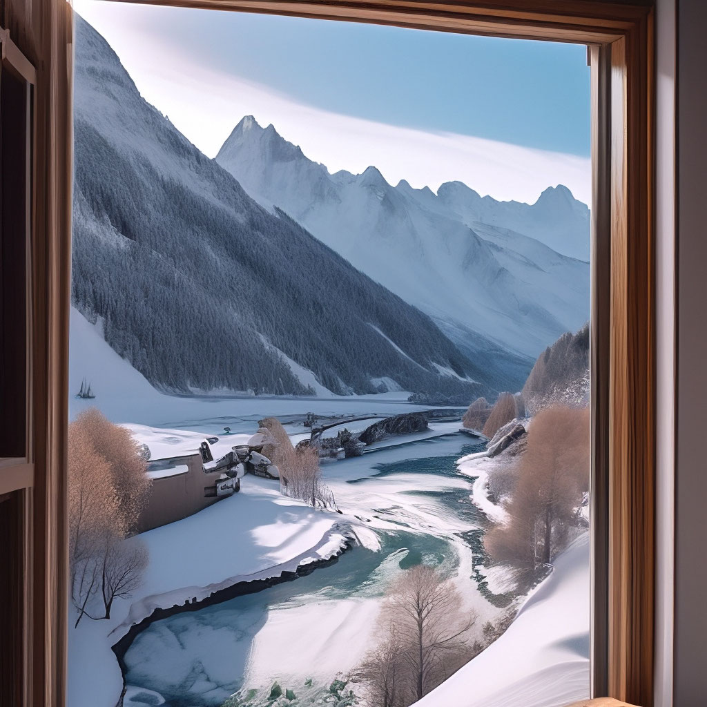 Вид из окна, снежные горы, горная …» — создано в Шедевруме