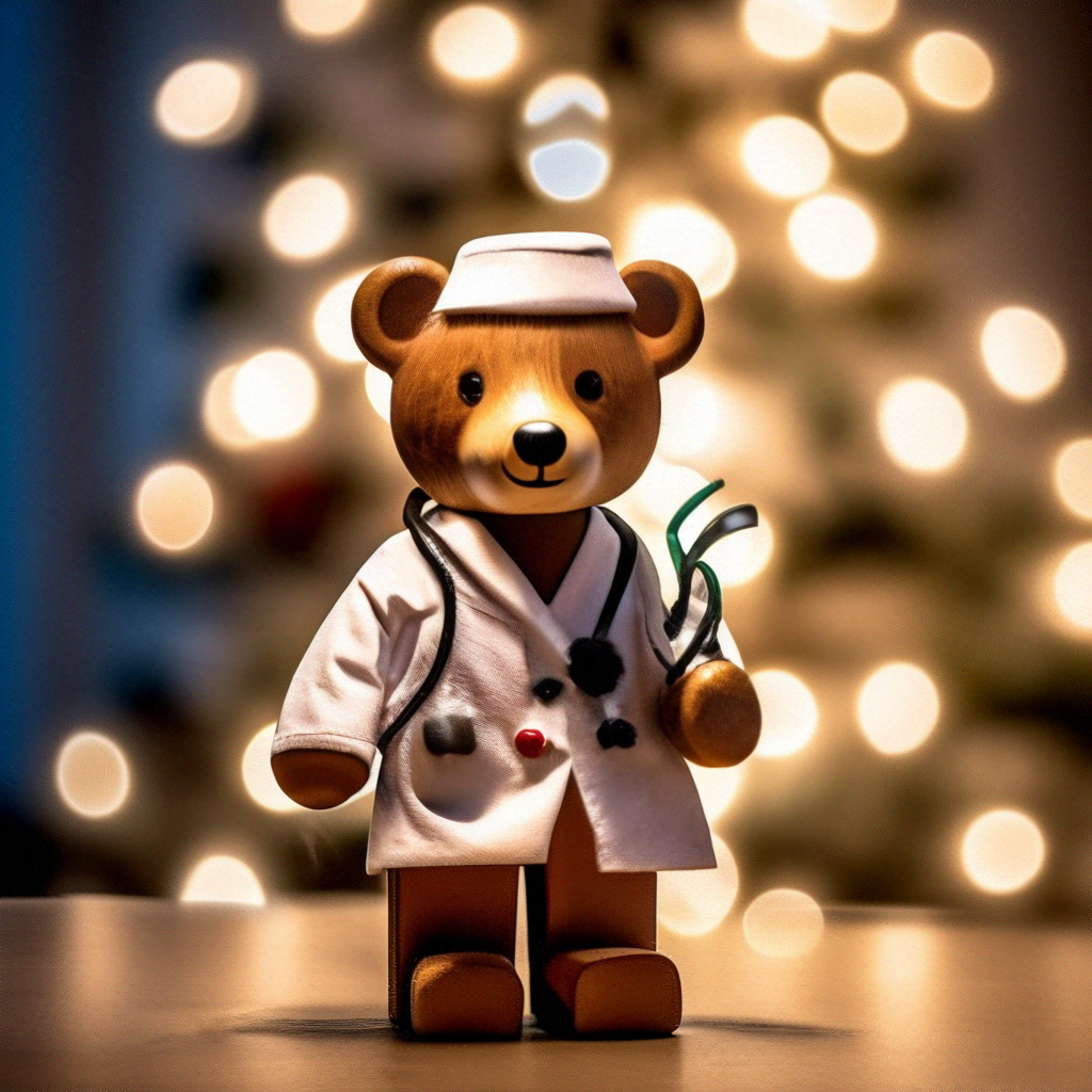 "Santa Claus is a doctor in a medical gown, holding a teddy bear with a ...