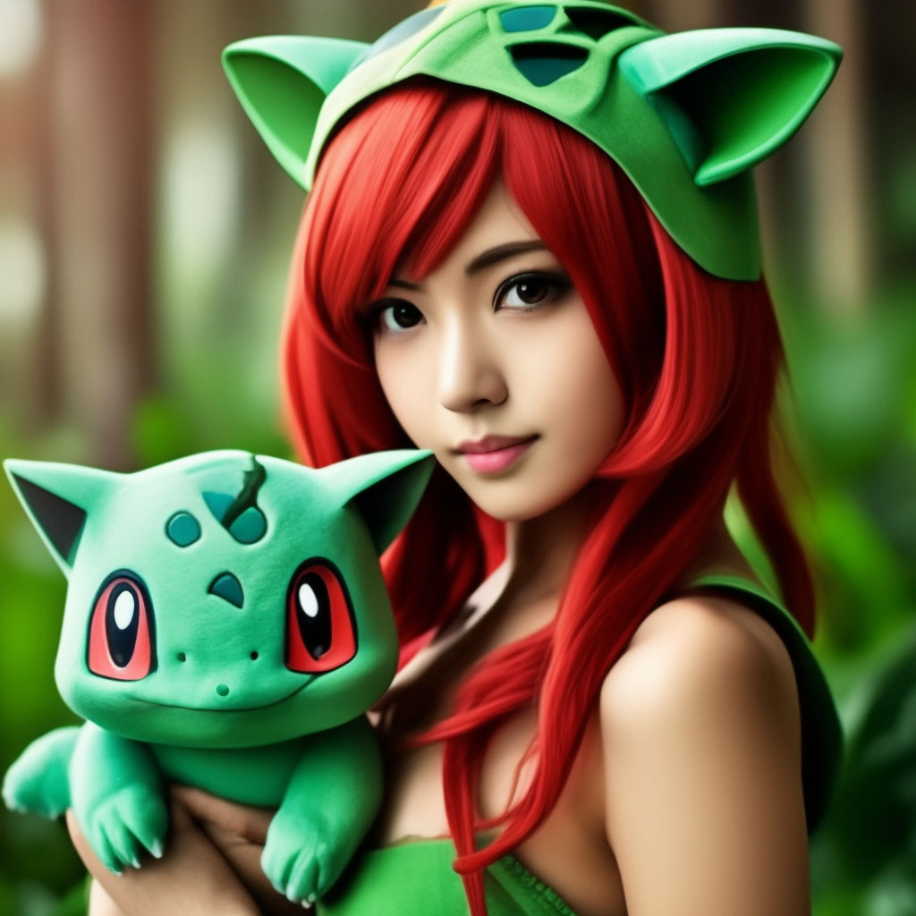 Красивая девушка cosplay Bulbasaur …» — создано в Шедевруме