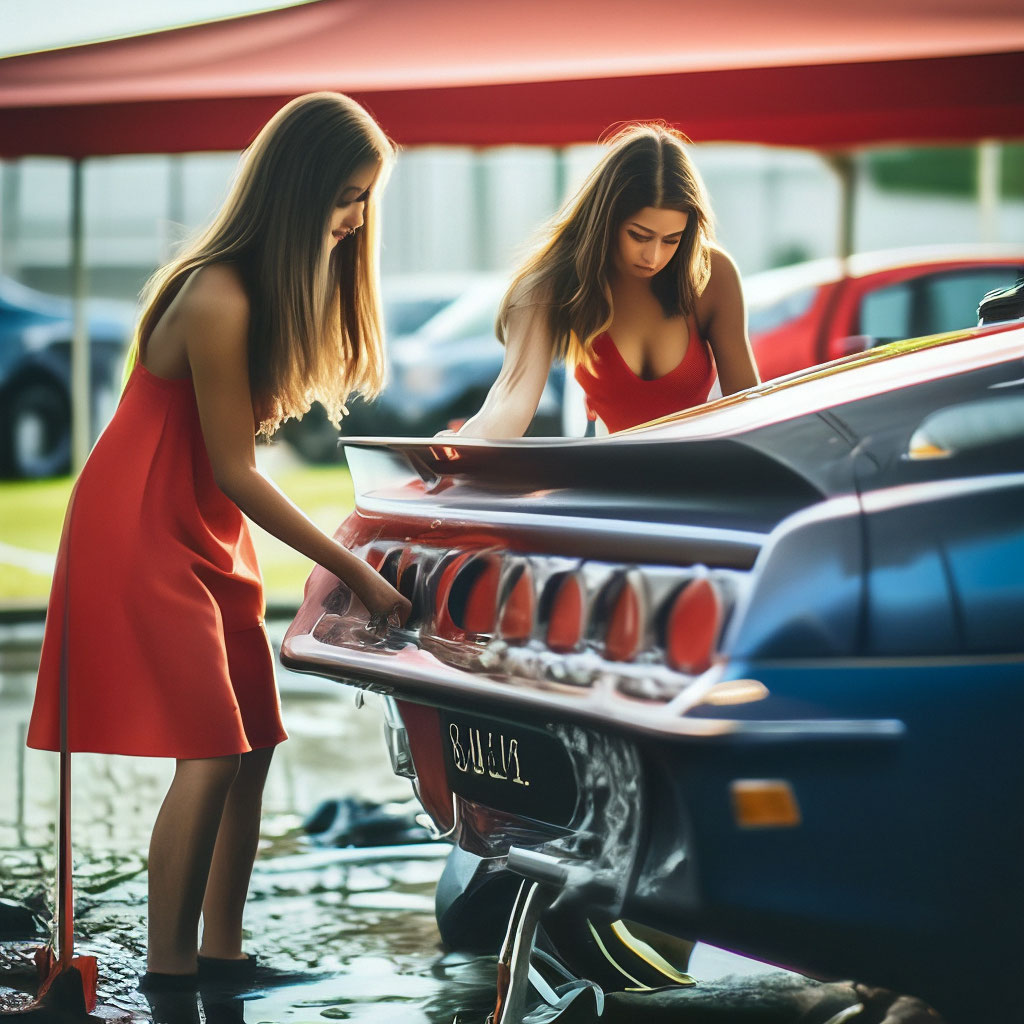 Девушки моют машину. Сексуальные красивые девушки в бикини моют машину с мылом и губкой.