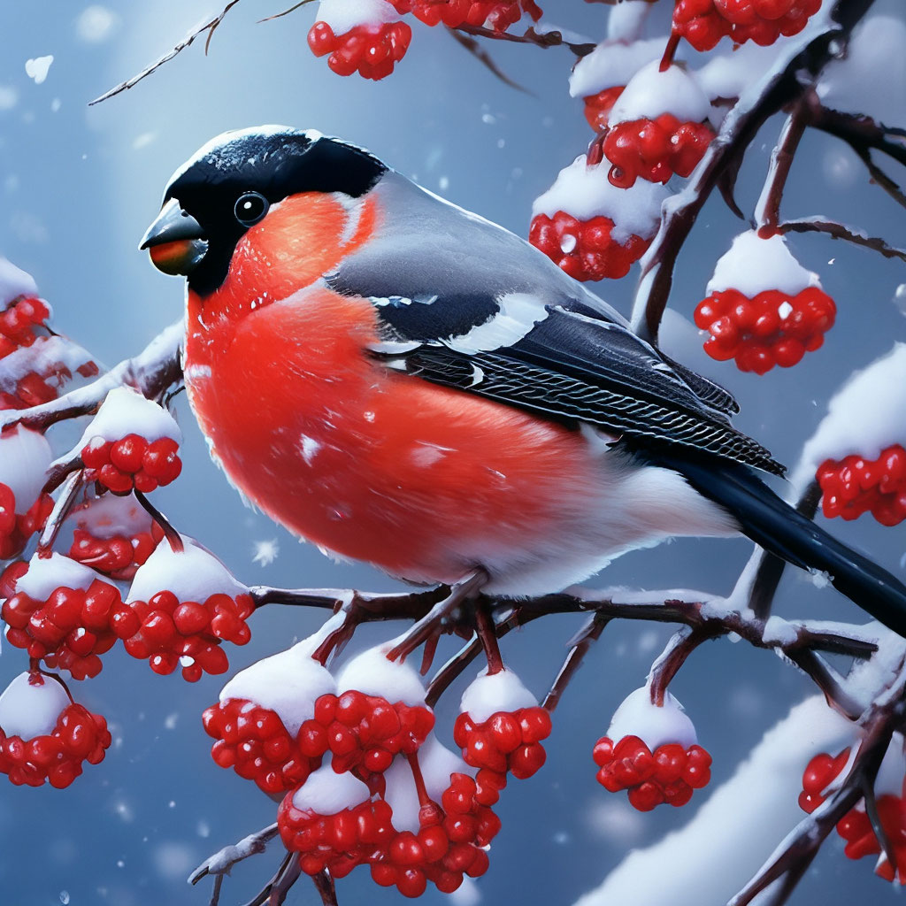 Снегири с красной едят рябину, …» — создано в Шедевруме