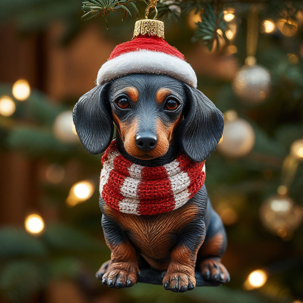 "A dachshund in a Santa Claus New Year's hat and a red and white ...