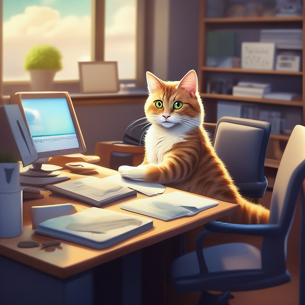 "The cat works in the office" — image created in Shedevrum