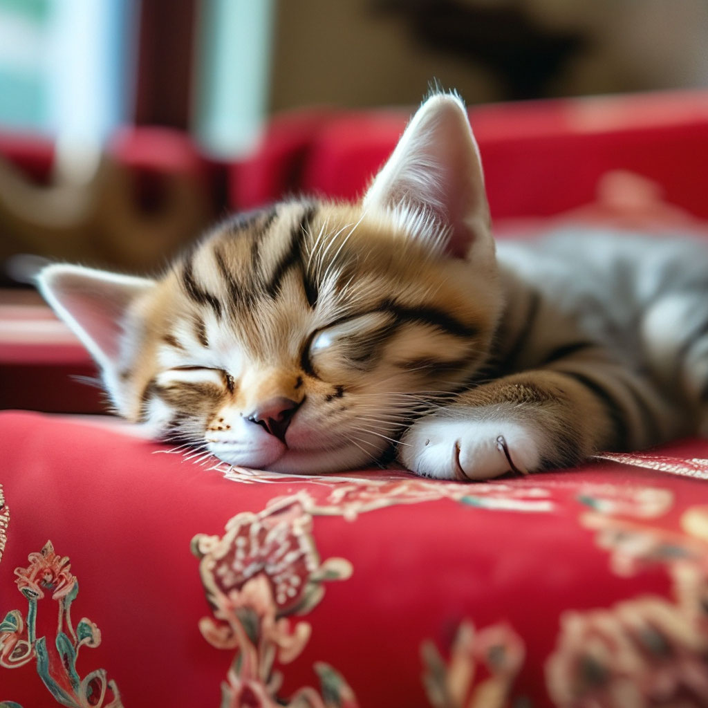 Котенок 🐱,спит на красном диване…» — создано в Шедевруме