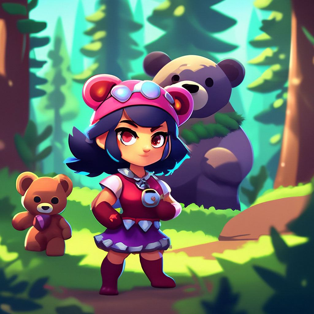 Nita with a cute bear in a pine forest.