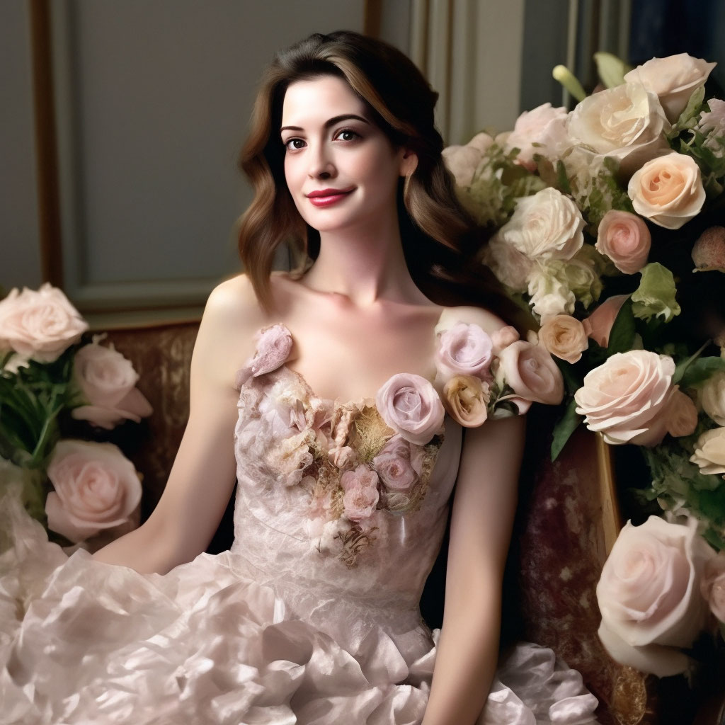 Professional photo, lady aristocrat Anne Hathaway, lace lace dresses, "   image created in Shedevrum