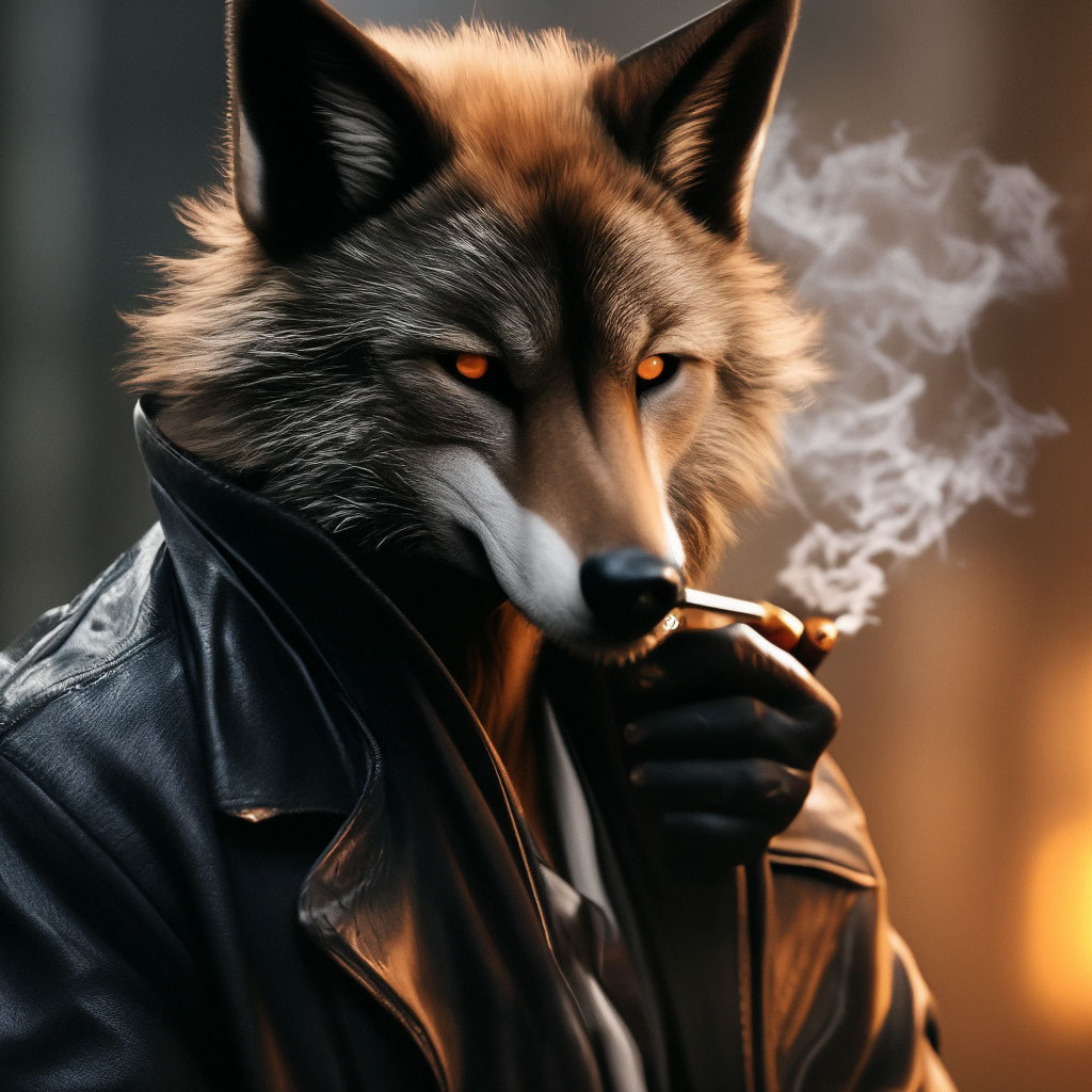 Anthropomorphic black maned wolf, smoking a thin cigarette, realistic, dim  …