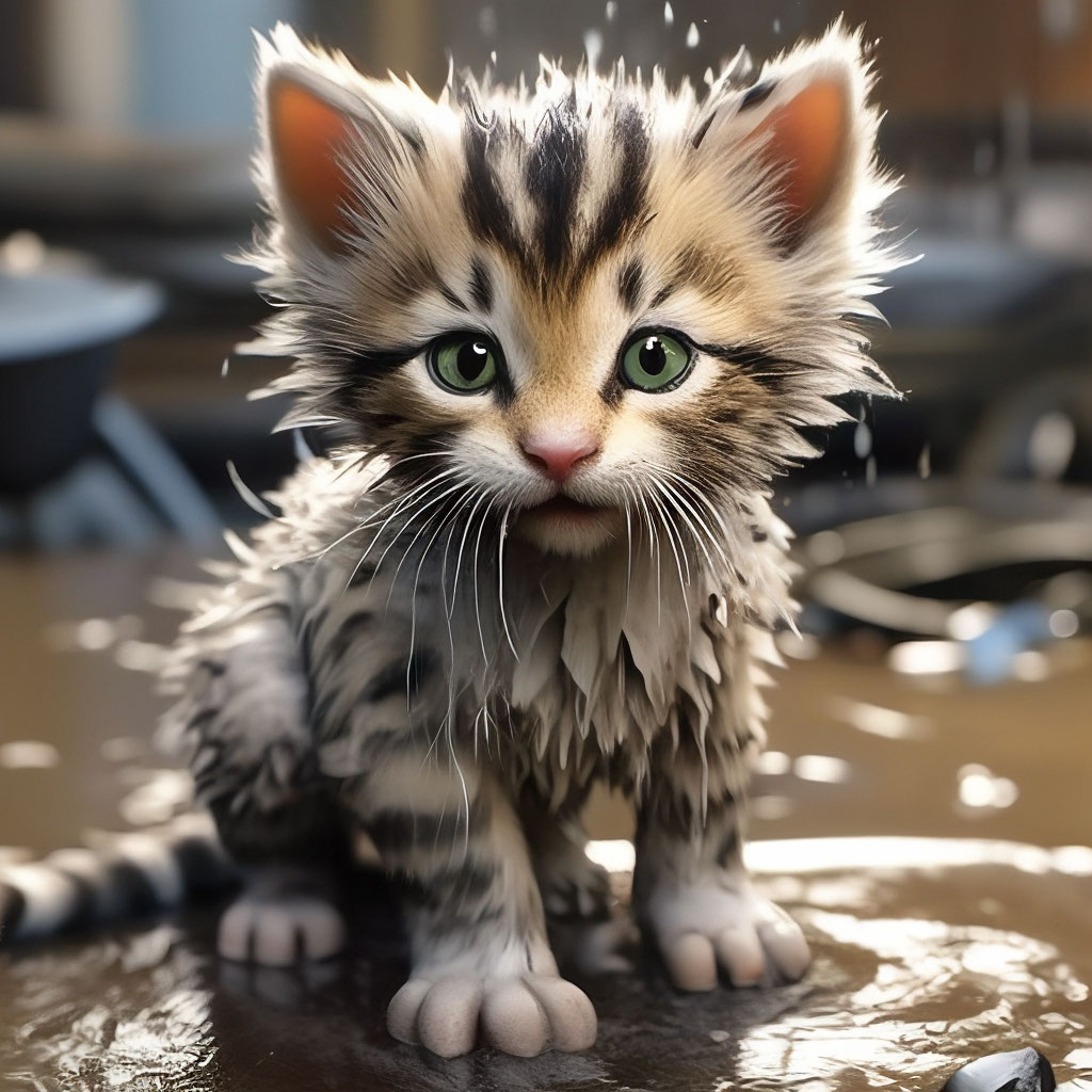 Грязный, мокрый котенок реалистичный …» — создано в Шедевруме
