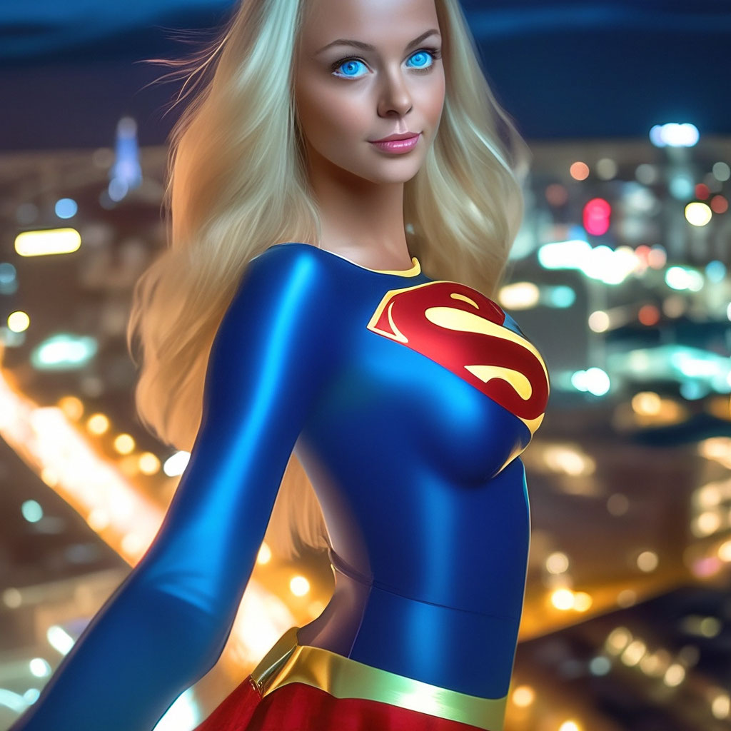 supergirl, с красивыми большими голубыми глазами, надутыми губами, летит на...