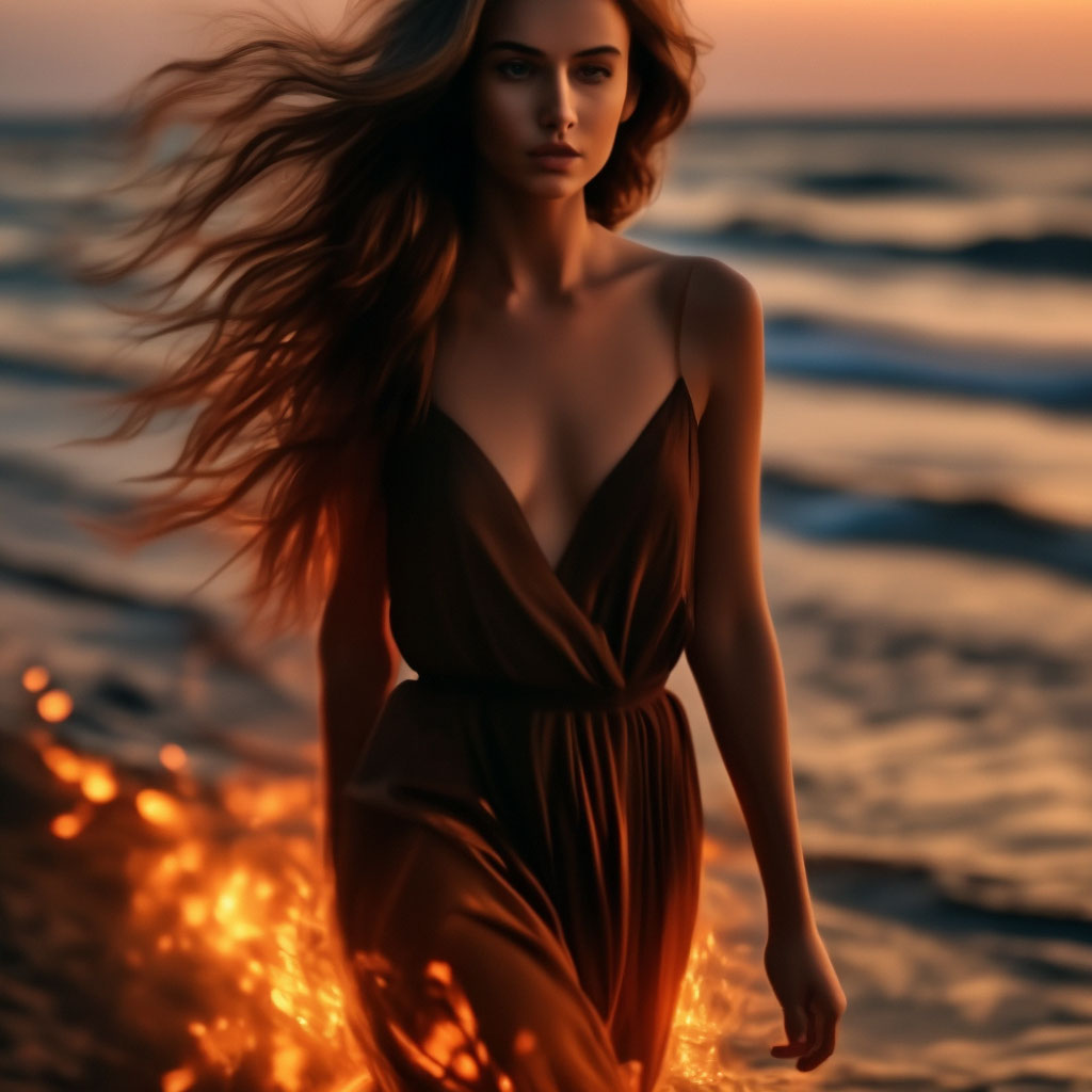 Красивая девушка идет по горящим …» — создано в Шедевруме