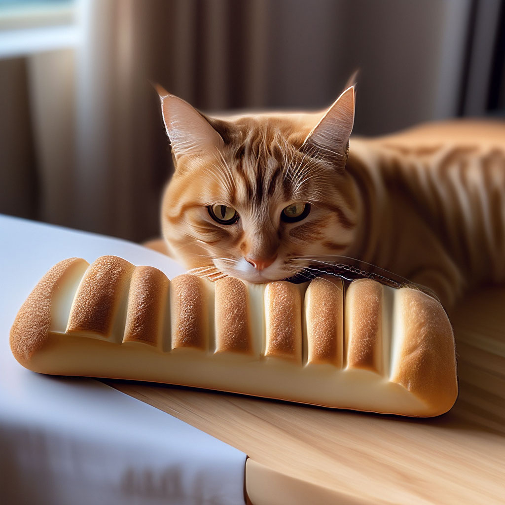 Кот в виде хлеба лежит на столе» — создано в Шедевруме