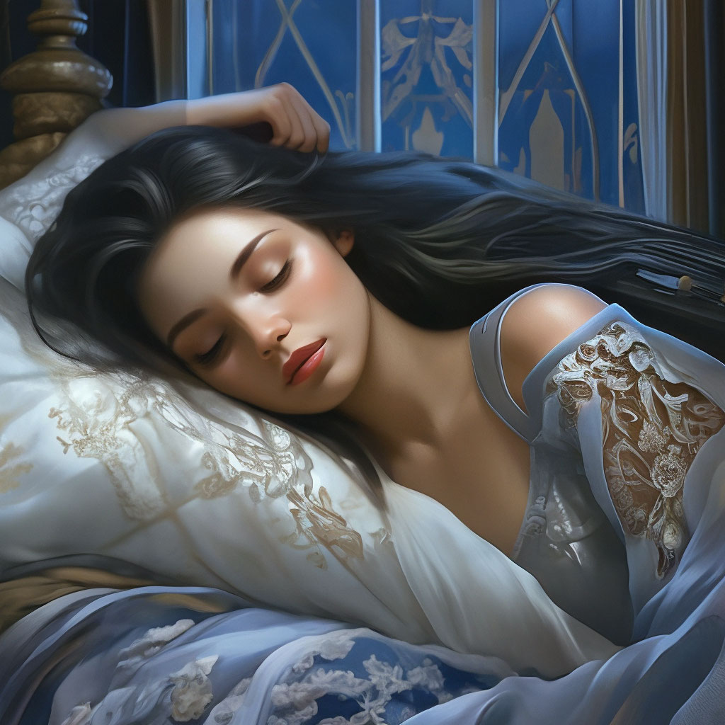 Девушка спит на кровати, яркие губы…» — создано в Шедевруме